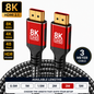 An 8K UHD HDMI 2.1 cable shown in a product graphic with two close-up connector views, braided black-and-white cable, feature callouts for 8K, 4K, 60Hz, 120Hz, 48 Gbps, HDR, and a 3-meter cable count, plus an available lengths chart at the bottom.