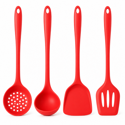 Four red silicone kitchen utensils with long handles, including a slotted spoon, a ladle, a spatula, and a turner, arranged side by side on a white background.