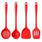 Four red silicone kitchen utensils with long handles, including a slotted spoon, a ladle, a spatula, and a turner, arranged side by side on a white background.