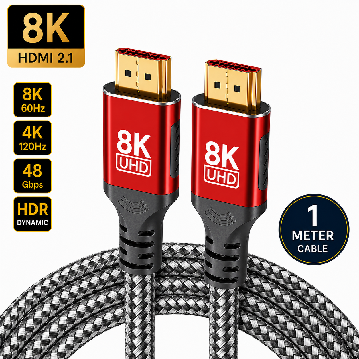 An 8K UHD HDMI 2.1 cable with two red and black connector heads and a braided black and silver cable, shown on a white background with feature badges.