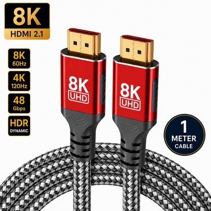 An 8K UHD HDMI 2.1 cable with two red and black connector heads and a braided black and silver cable, shown on a white background with feature badges.