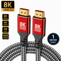 An 8K UHD HDMI 2.1 cable with two red and black connector heads and a braided black and silver cable, shown on a white background with feature badges.