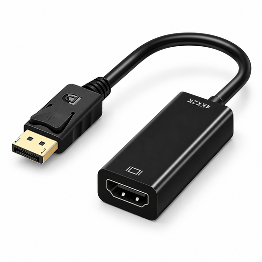 A black HDMI to DisplayPort adapter cable with a gold-plated connector on one end and a rectangular DisplayPort port on the other, shown on a clean white background.