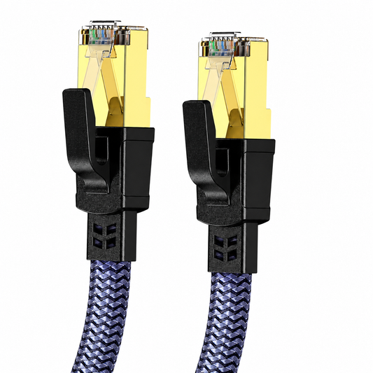 A close-up of a network cable showing two RJ45 connectors with gold-plated contacts, black plastic locking clips, and a braided blue and purple cable jacket, on a plain white background.
