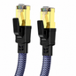 A close-up of a network cable showing two RJ45 connectors with gold-plated contacts, black plastic locking clips, and a braided blue and purple cable jacket, on a plain white background.