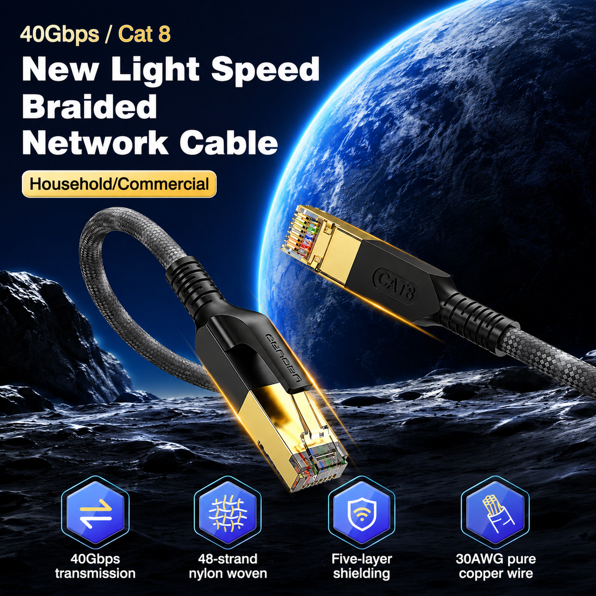 Uguord CAT8 Ethernet Cable | 40Gbps 2000MHz | Braided Shielded RJ45 | 0.5m–30m