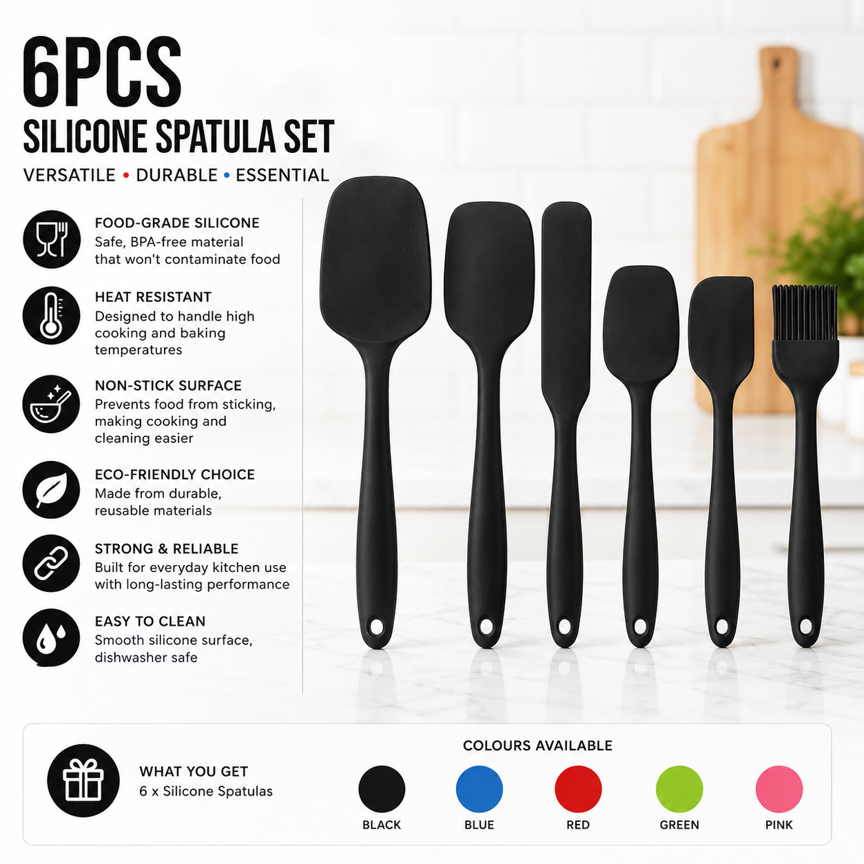 A 6-piece silicone spatula set in black, shown with descriptive text and color options on a clean white background with a blurred kitchen scene in the background.