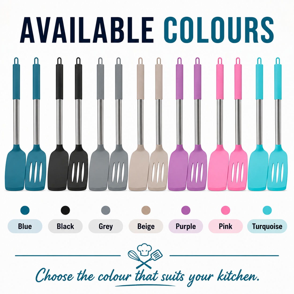 A color options chart showing multiple silicone kitchen utensils in different colors, with the headline 'AVAILABLE COLOURS' at the top and color labels below each utensil.
