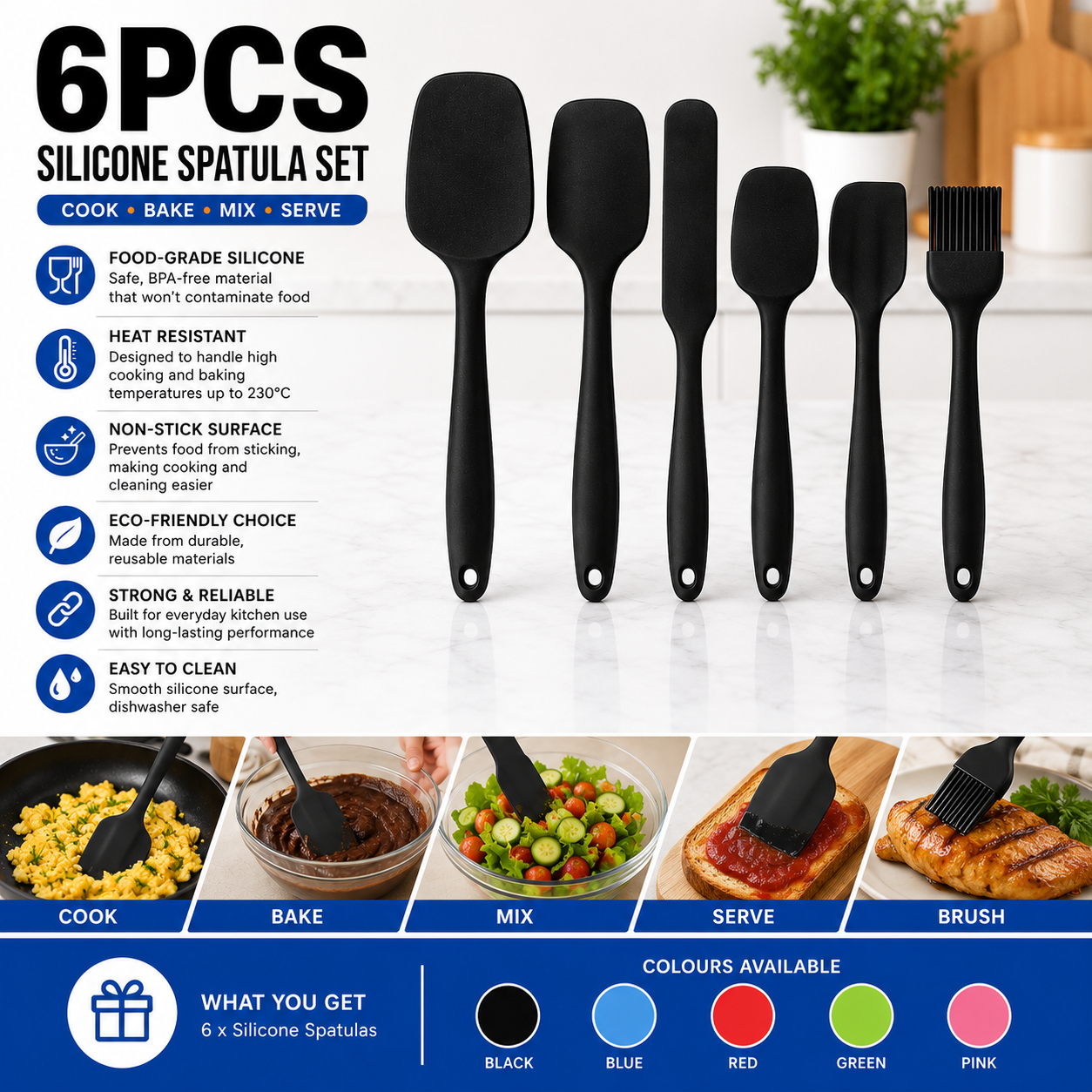 A 6-piece silicone spatula set shown on a white background with feature callouts and usage examples. The set includes five black spatulas of varying sizes and a black brush, with text describing material, heat resistance, non-stick surface, eco-friendly choice, and durability.