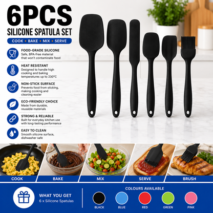 A 6-piece silicone spatula set shown on a white background with feature callouts and usage examples. The set includes five black spatulas of varying sizes and a black brush, with text describing material, heat resistance, non-stick surface, eco-friendly choice, and durability.