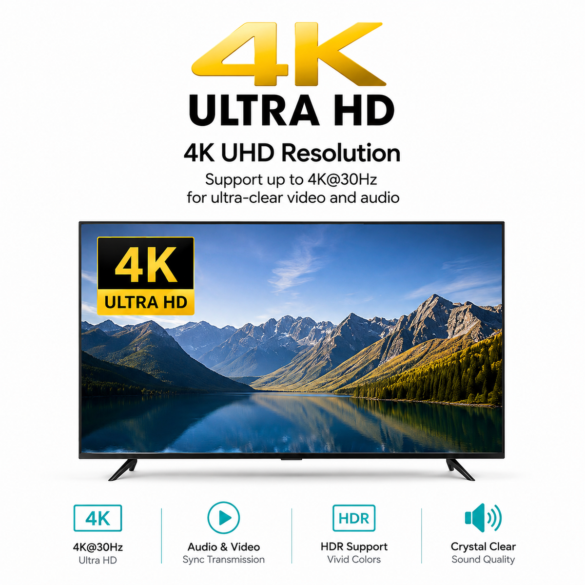 A 4K ultra HD television shown on a white background with marketing text above and feature icons below. The TV screen displays a mountain lake landscape.
