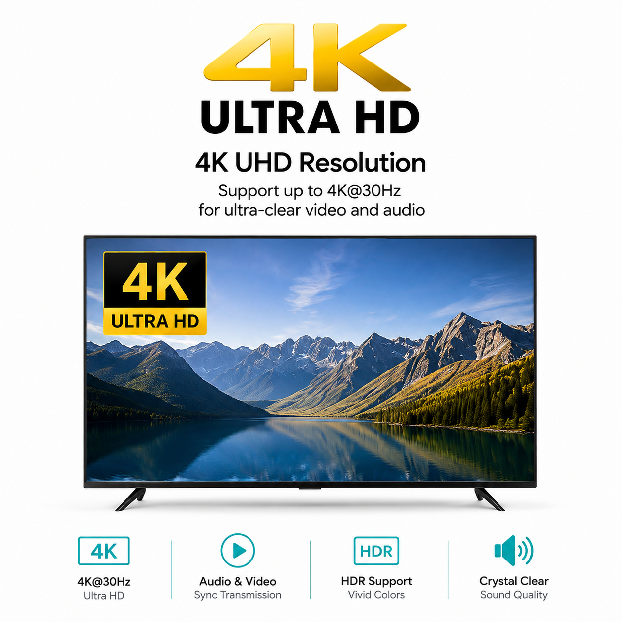 A 4K ultra HD television shown on a white background with marketing text above and feature icons below. The TV screen displays a mountain lake landscape.
