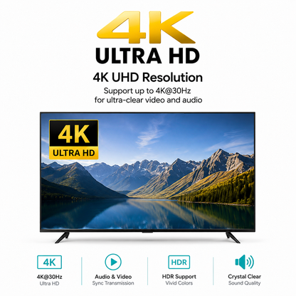 A 4K ultra HD television shown on a white background with marketing text above and feature icons below. The TV screen displays a mountain lake landscape.