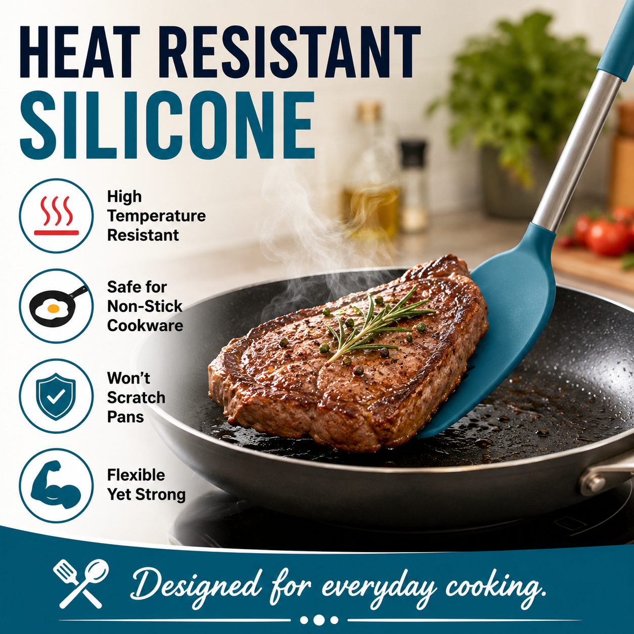 A heat resistant silicone spatula with a blue head and silver handle shown lifting a seared steak in a frying pan. The image features marketing text highlighting its high temperature resistance, safety for non-stick cookware, scratch resistance, and flexibility.