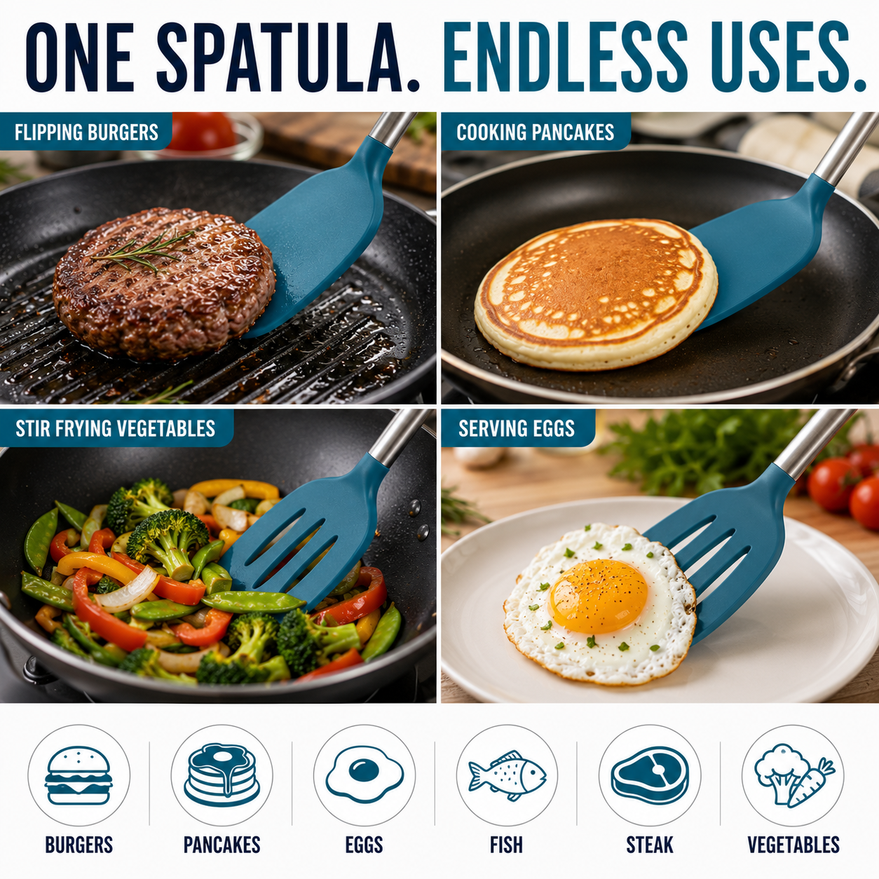 A four-panel promotional graphic for a blue silicone spatula. The panels show the spatula being used to flip burgers on a grill, cook pancakes, stir-fry vegetables, and serve eggs on a plate.