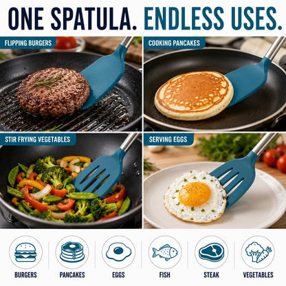 A four-panel promotional graphic for a blue silicone spatula. The panels show the spatula being used to flip burgers on a grill, cook pancakes, stir-fry vegetables, and serve eggs on a plate.