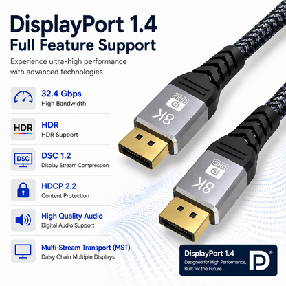 DisplayPort 1.4 high-speed HDMI cable with two gold-plated connectors and black braided jacket, shown on a white background with feature callouts for 32.