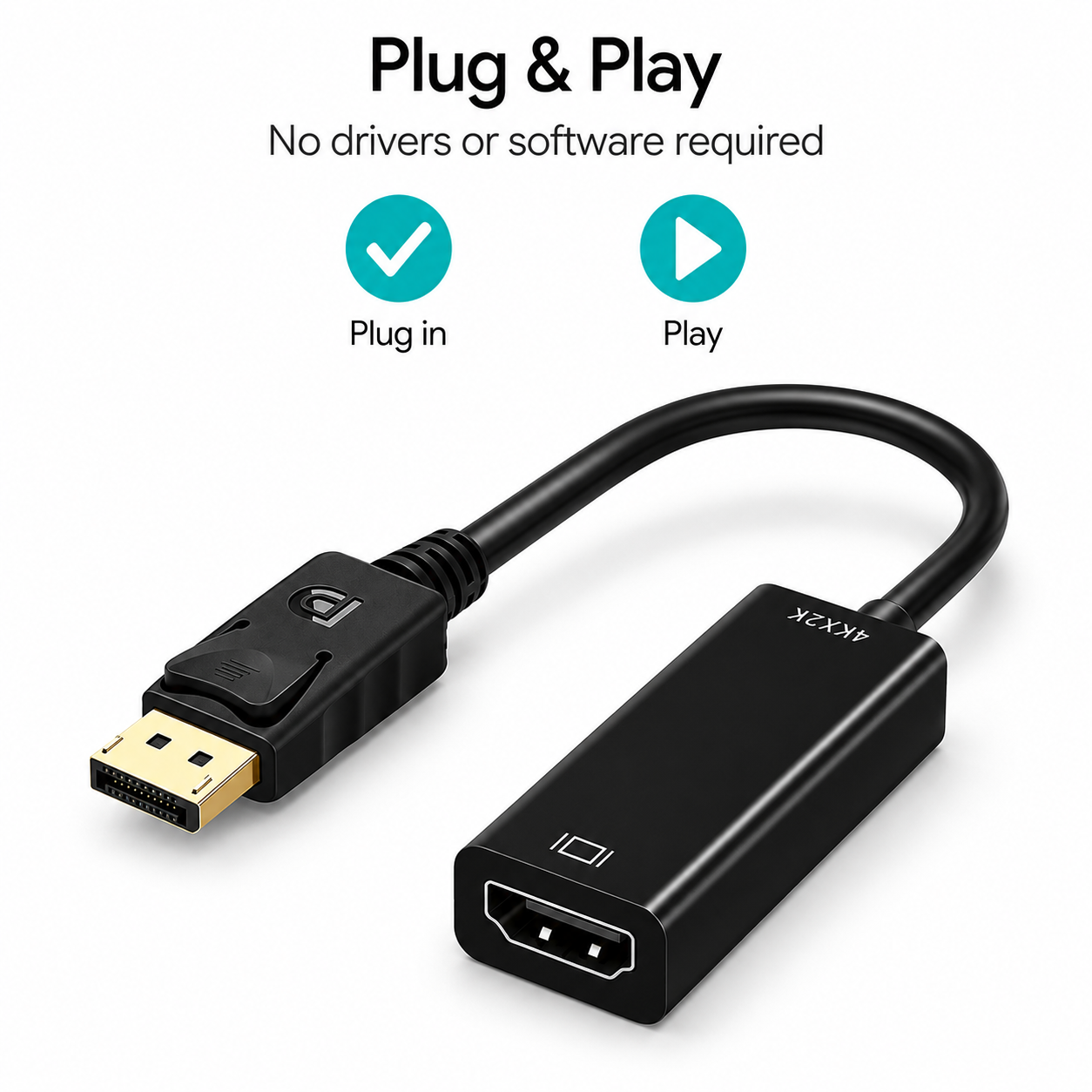 Black HDMI cable adapter with a male HDMI plug and female HDMI port, shown on a white background with text reading 'Plug & Play' and icons for plug in and play.