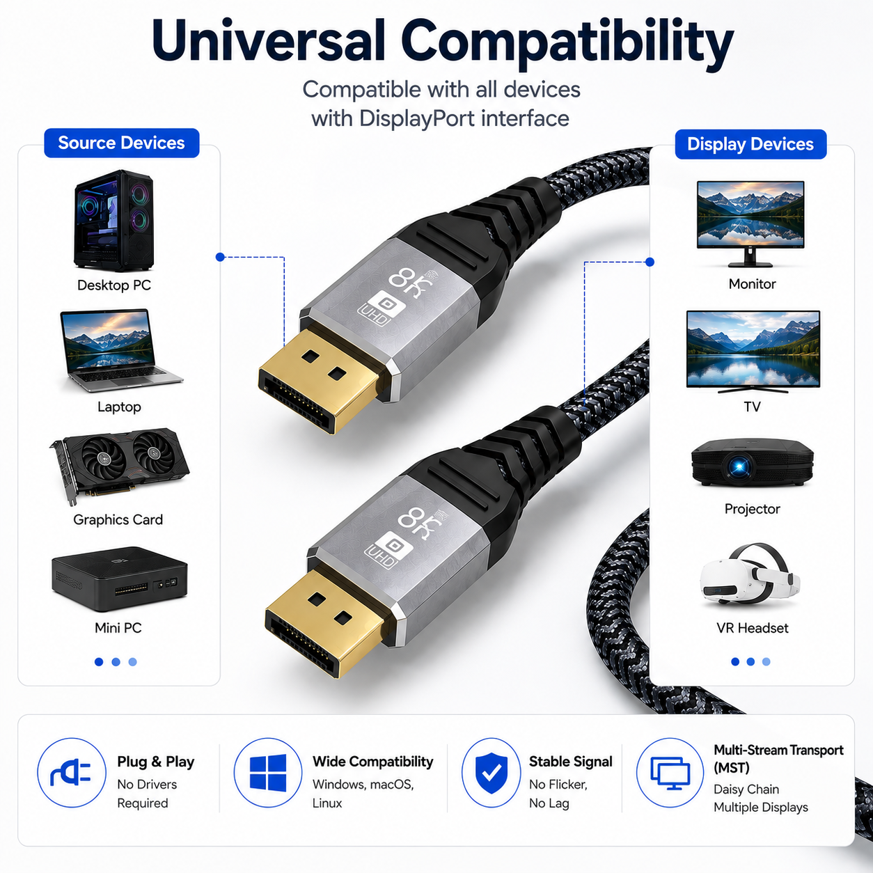 An HDMI cable shown on a white infographic background with the headline 'Universal Compatibility.' The image includes labeled sections for source devices (Desktop PC, Laptop, Graphics Card, Mini PC) and display devices (Monitor, TV, Projector, VR Headset), plus feature icons for plug-and-play, wide compatibility, stable signal, and multi-stream transport.