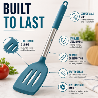 A teal silicone spatula with a stainless steel handle is shown on a light countertop with callout graphics and text highlighting features like a comfortable grip, food grade silicone, stainless steel handle, durable construction, easy to clean surface, and rust resistant handle.