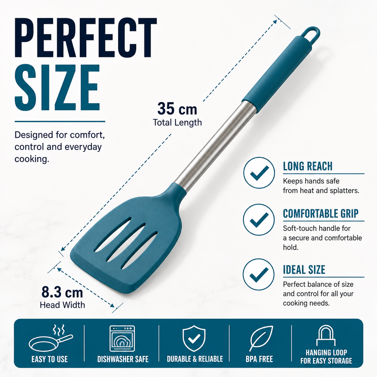 A teal and stainless steel spatula shown on a light background with measurement callouts indicating 35 cm total length and 8.3 cm head width, plus feature text such as long reach, comfortable grip, and ideal size.