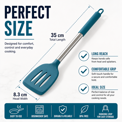 A teal and stainless steel spatula shown on a light background with measurement callouts indicating 35 cm total length and 8.3 cm head width, plus feature text such as long reach, comfortable grip, and ideal size.