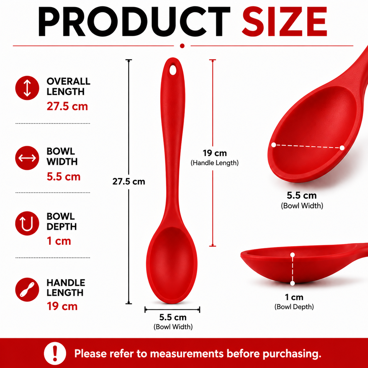 Product size diagram for a red silicone spoon, showing overall length, bowl width, bowl depth, and handle length with measurements in centimeters on a white background.