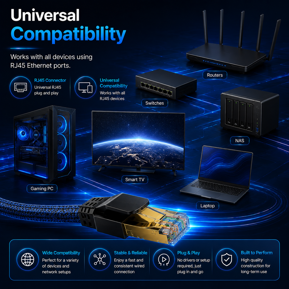 Promotional compatibility graphic for a RJ45 Ethernet adapter, showing it connected to and compatible with routers, switches, NAS, gaming PC, smart TV, laptop, and other devices on a dark blue tech background with glowing blue lines and icons.