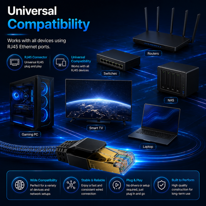 Promotional compatibility graphic for a RJ45 Ethernet adapter, showing it connected to and compatible with routers, switches, NAS, gaming PC, smart TV, laptop, and other devices on a dark blue tech background with glowing blue lines and icons.