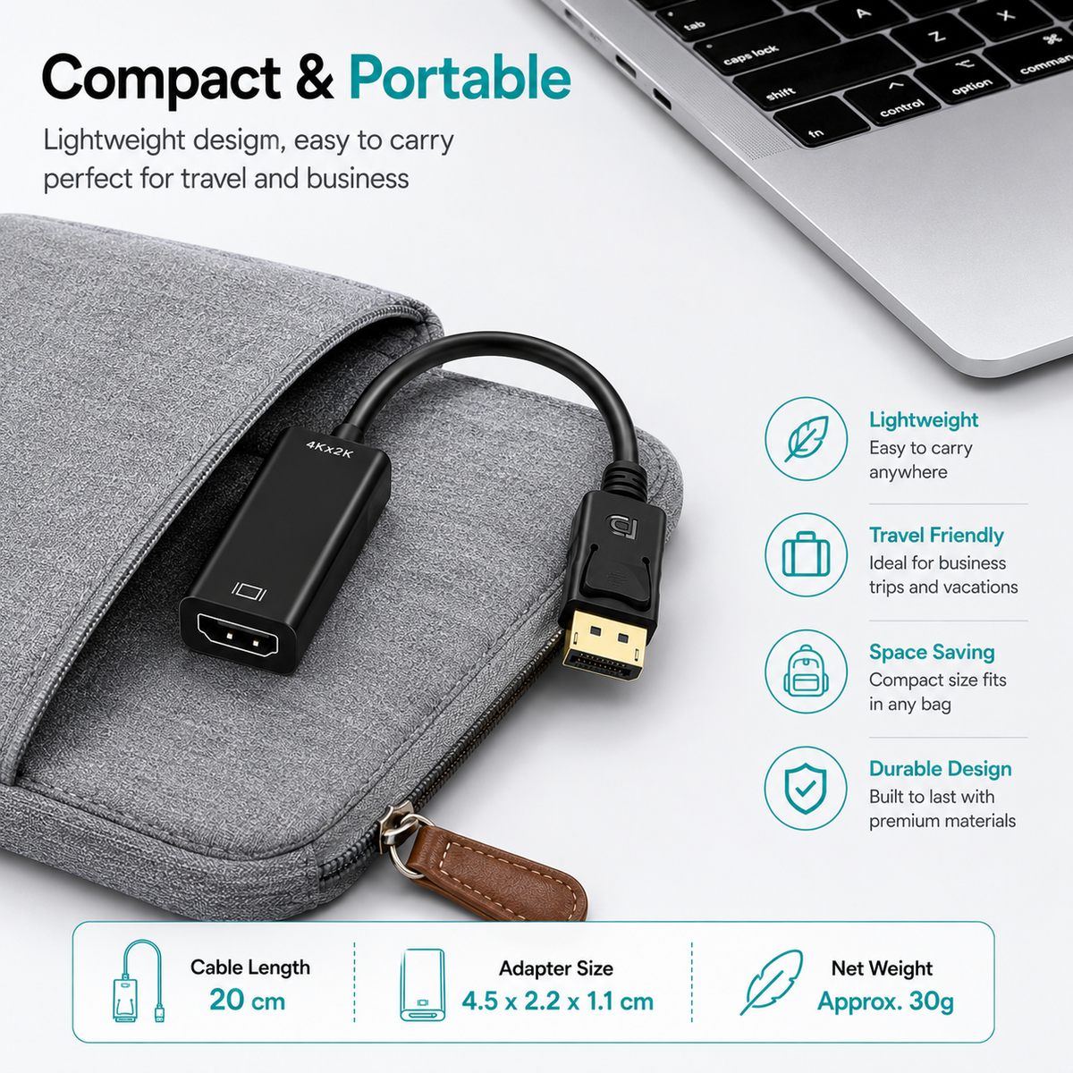 A compact black HDMI adapter cable shown next to a gray laptop sleeve, with a partial laptop visible at the top right. Text and icons describe the adapter's lightweight, travel-friendly design and list cable length, adapter size, and net weight.