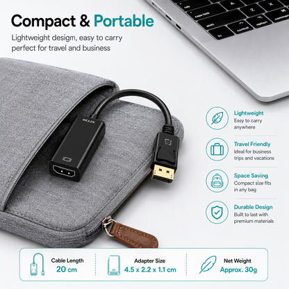 A compact black HDMI adapter cable shown next to a gray laptop sleeve, with a partial laptop visible at the top right. Text and icons describe the adapter's lightweight, travel-friendly design and list cable length, adapter size, and net weight.
