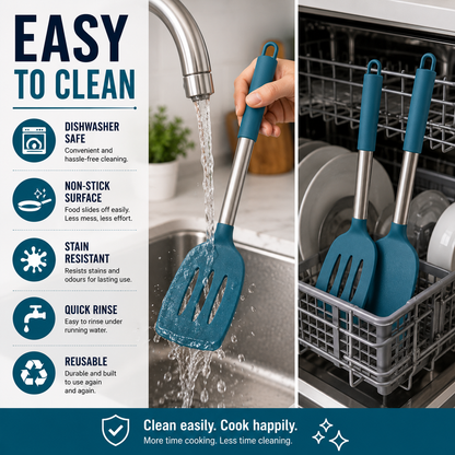 A set of teal silicone kitchen utensils with stainless steel handles is shown in a sink and inside a dishwasher, with text callouts listing benefits like dishwasher safe, non-stick surface, stain resistant, quick rinse, and reusable.