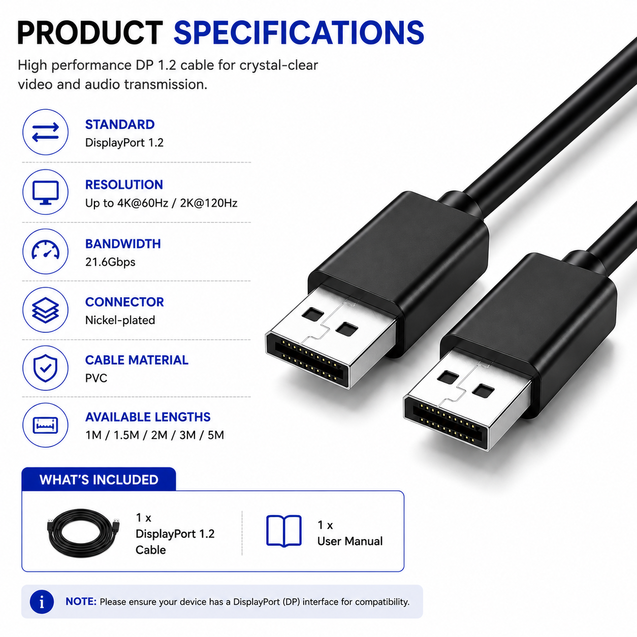 Product specifications graphic for a DisplayPort 1.2 cable, showing two black USB-A to USB-C connector ends, a black cable, and text listing features such as standard DisplayPort 1.
