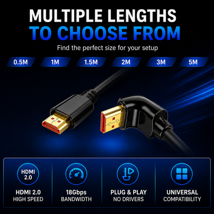 Black HDMI cable with gold-plated connectors shown on a dark blue promotional background with text listing multiple lengths from 0.5m to 5m and feature callouts for HDMI 2.