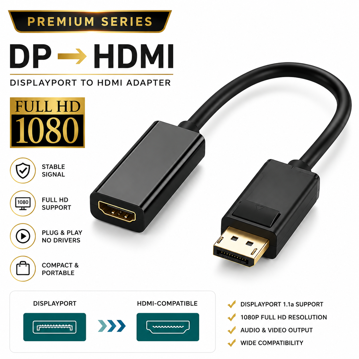 Black displayport to HDMI adapter cable with gold-plated connectors, shown on a white background with promotional text and feature icons for 1080p full HD support.