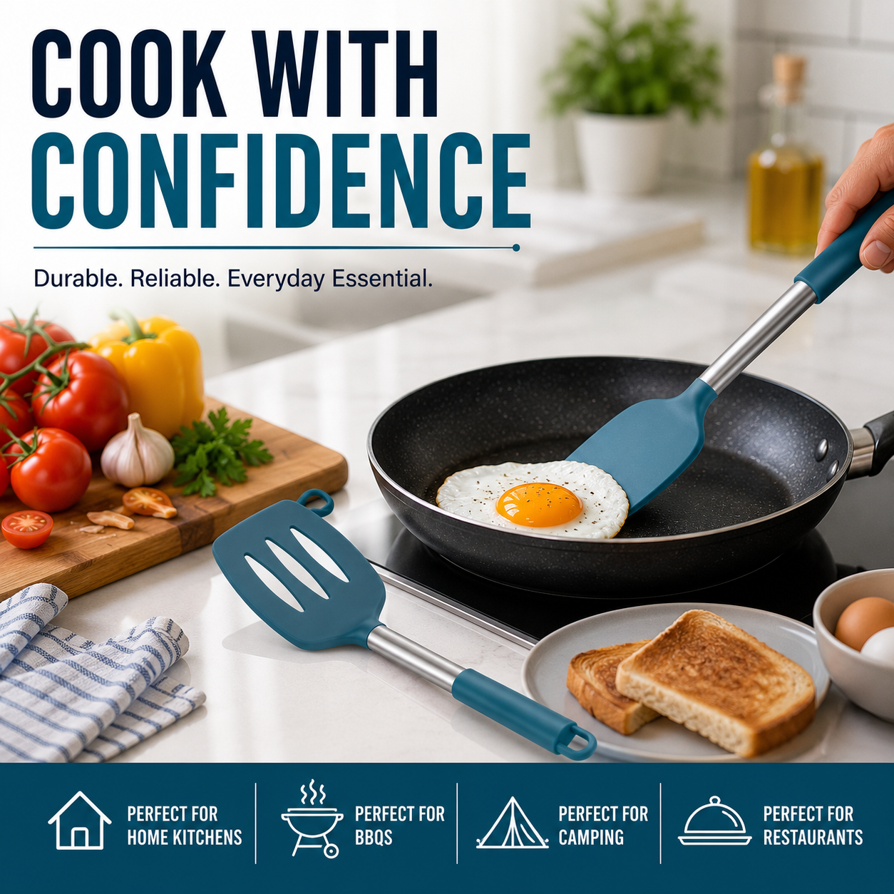 A silicone spatula with a teal-blue head and silver metal handle is shown in a kitchen scene, lifting a fried egg in a black frying pan. Another spatula lies on the counter, with tomatoes, garlic, toast, eggs, and a cutting board in the background.