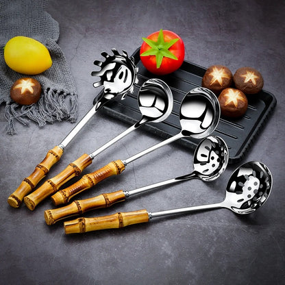 Stainless Steel Colander Spoon with Bamboo Handle | Noodle & Pasta Strainer