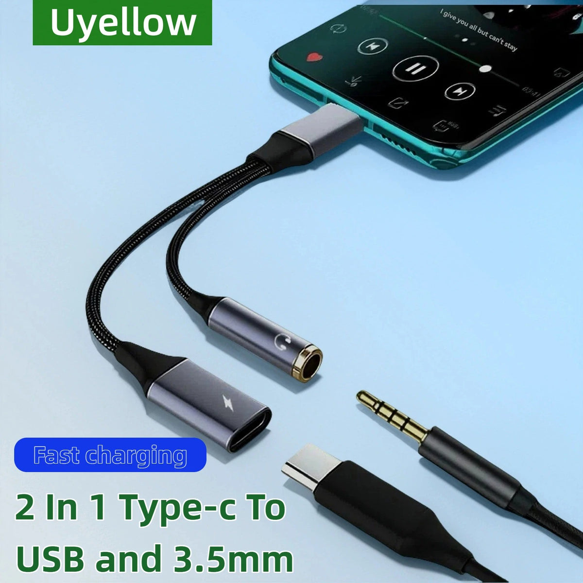 2-in-1 Type-C to USB and 3.5mm adapter with smartphone on a light blue background, featuring Uyellow branding.