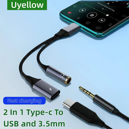 2-in-1 Type-C to USB and 3.5mm adapter with smartphone on a light blue background, featuring Uyellow branding.