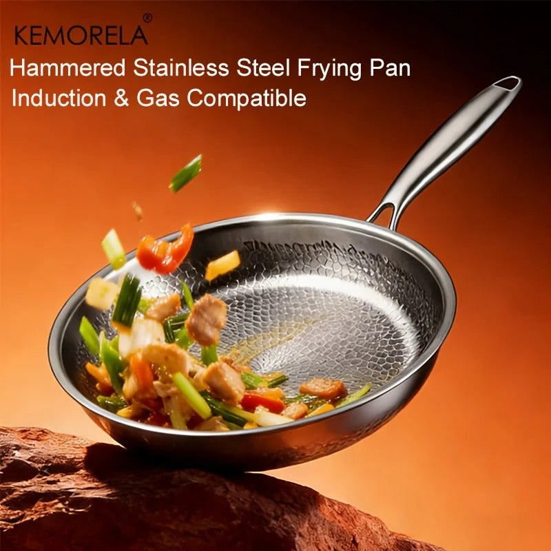 Hammered Stainless Steel Frying Pan Non Stick Skillet Induction Gas 26 28 30cm