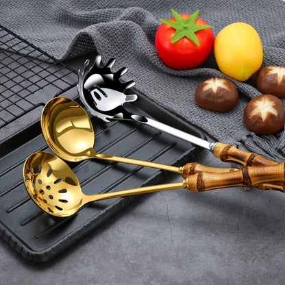 Stainless Steel Colander Spoon with Bamboo Handle | Noodle & Pasta Strainer