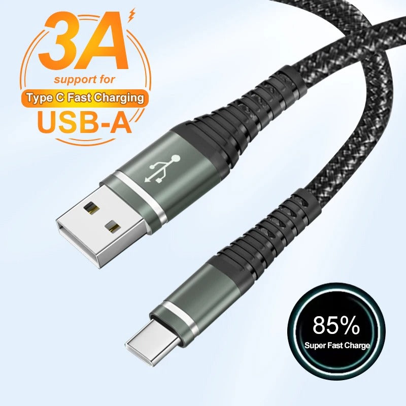 USB-A to USB-C Fast Charging Cable 3A – Nylon Braided Charging & Data Cable