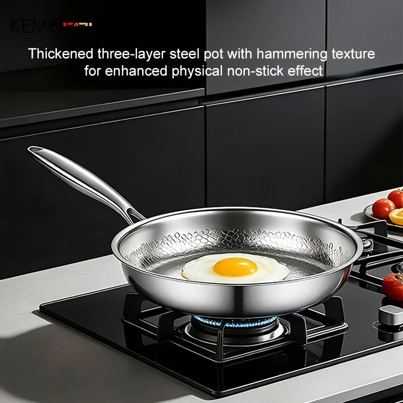 Hammered Stainless Steel Frying Pan Non Stick Skillet Induction Gas 26 28 30cm