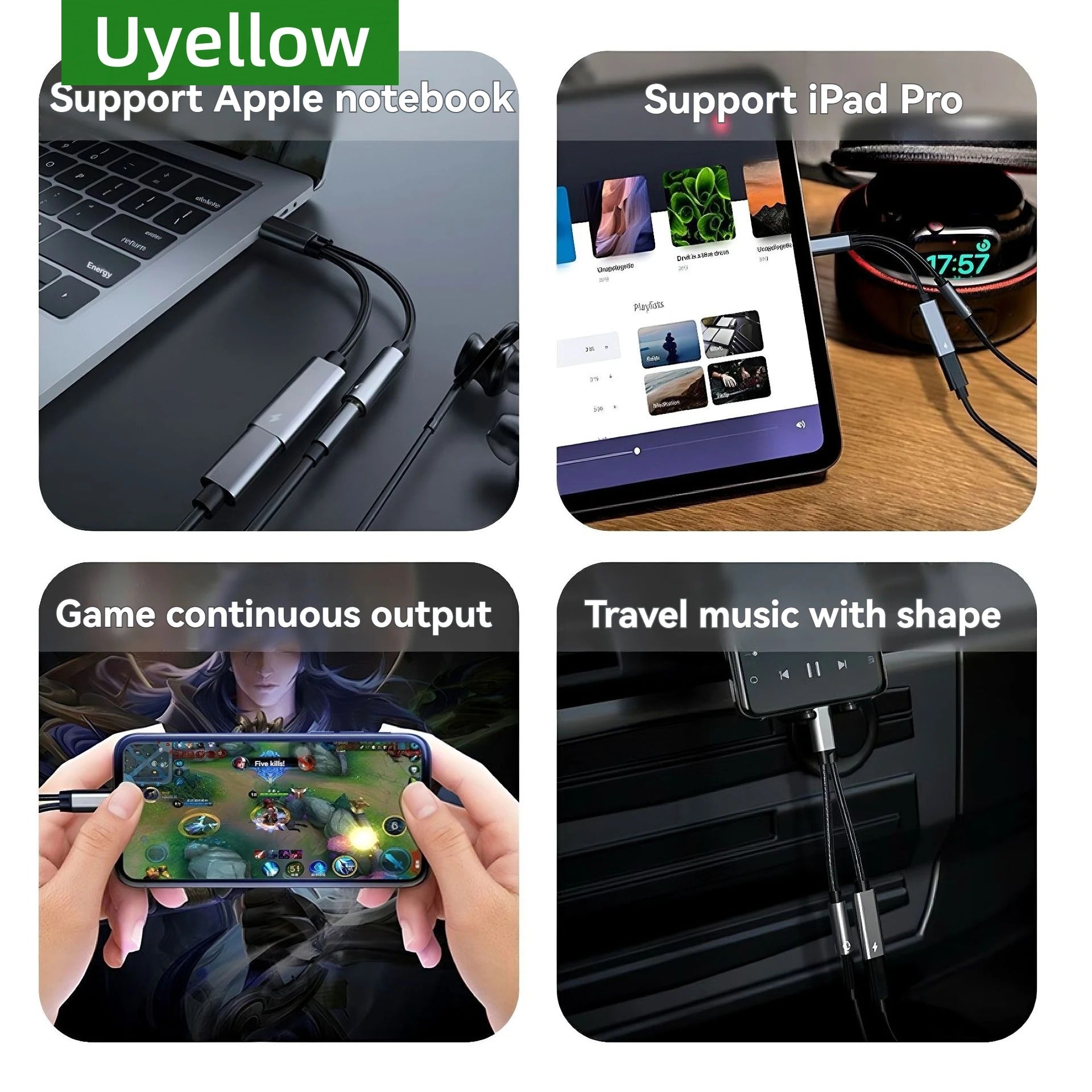 Collage of a USB adapter with text indicating support for Apple notebooks, iPad Pro, gaming, and travel music.