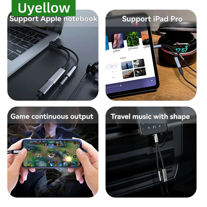 Collage of a USB adapter with text indicating support for Apple notebooks, iPad Pro, gaming, and travel music.