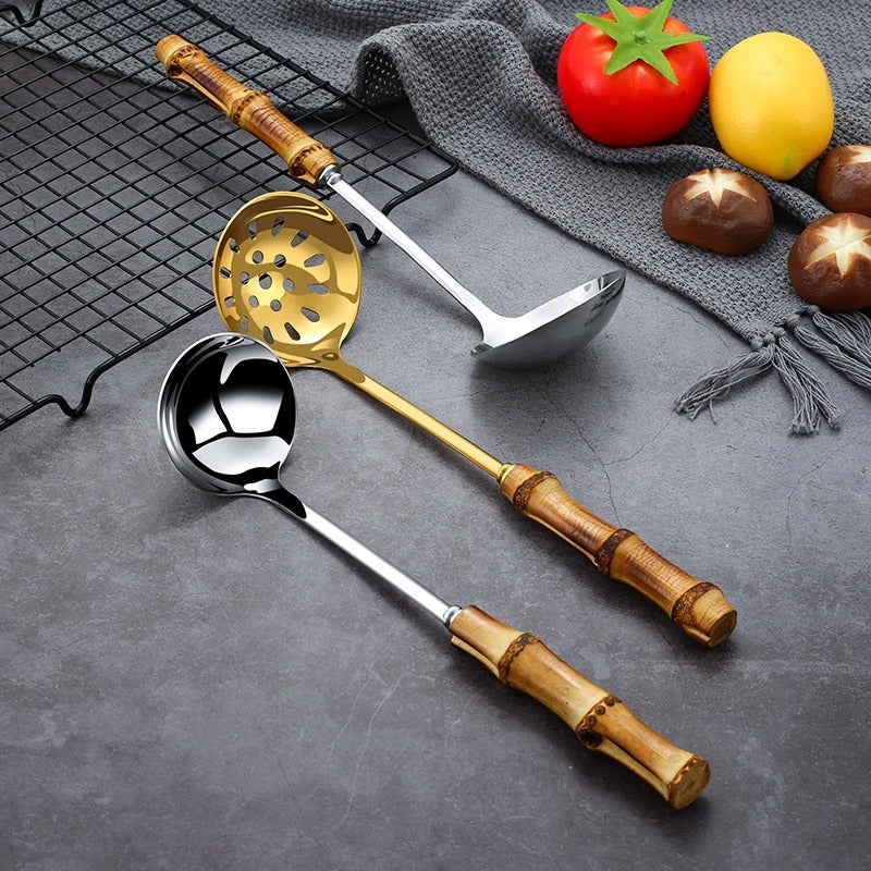 Stainless Steel Colander Spoon with Bamboo Handle | Noodle & Pasta Strainer