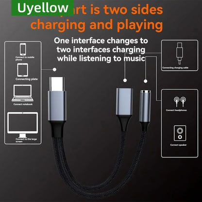 Multi-device charging cable with text on a dark background