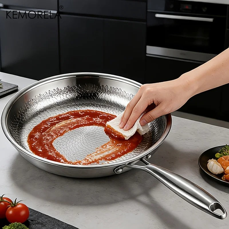 Hammered Stainless Steel Frying Pan Non Stick Skillet Induction Gas 26 28 30cm