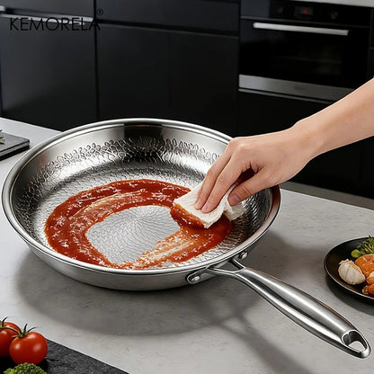 Hammered Stainless Steel Frying Pan Non Stick Skillet Induction Gas 26 28 30cm