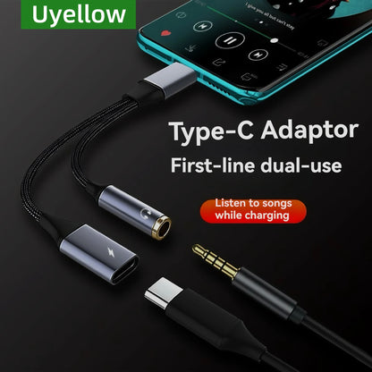 Type-C adapter with smartphone showing dual-use functionality on a dark background, featuring Uyellow branding.